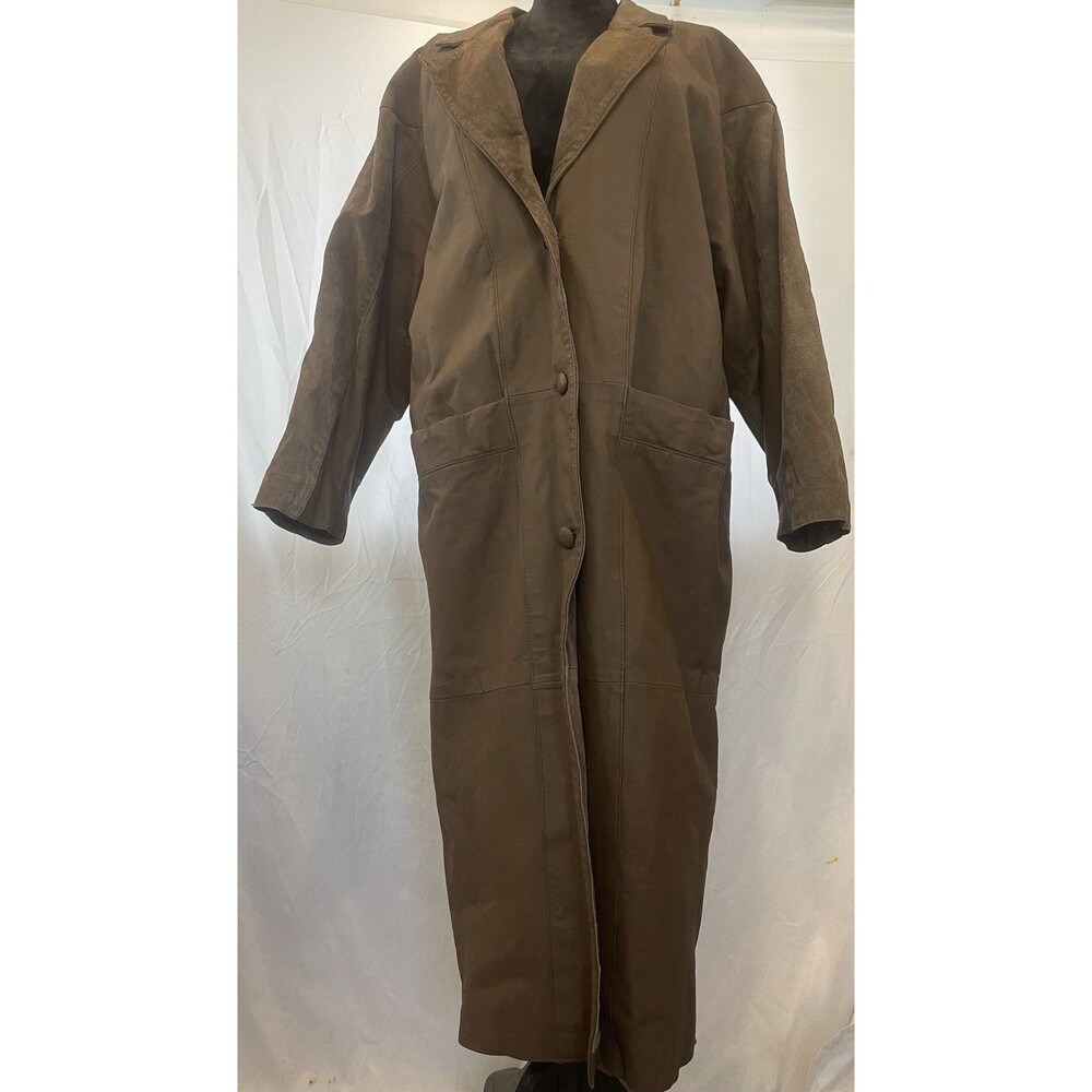 Vintage 70s 80s Women's Brown Leather Trench Coat Suede Accents Western Cowboy L